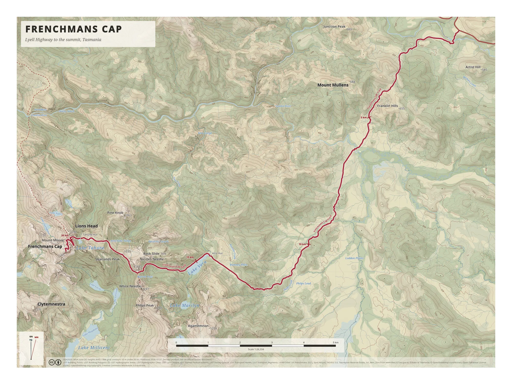 Topographic map of the Frenchmans Cap walk, with a crimson route line running from the Lyell Highway at top right to Lake Tahune and the summit at lower left.