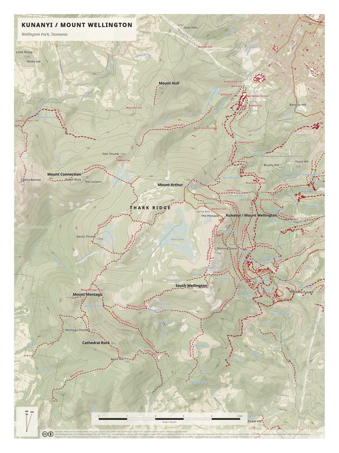 Portrait topographic map of kunanyi / Mount Wellington, with dashed crimson tracks across Thark Ridge and the mountain, and Hobart suburbs at top right.