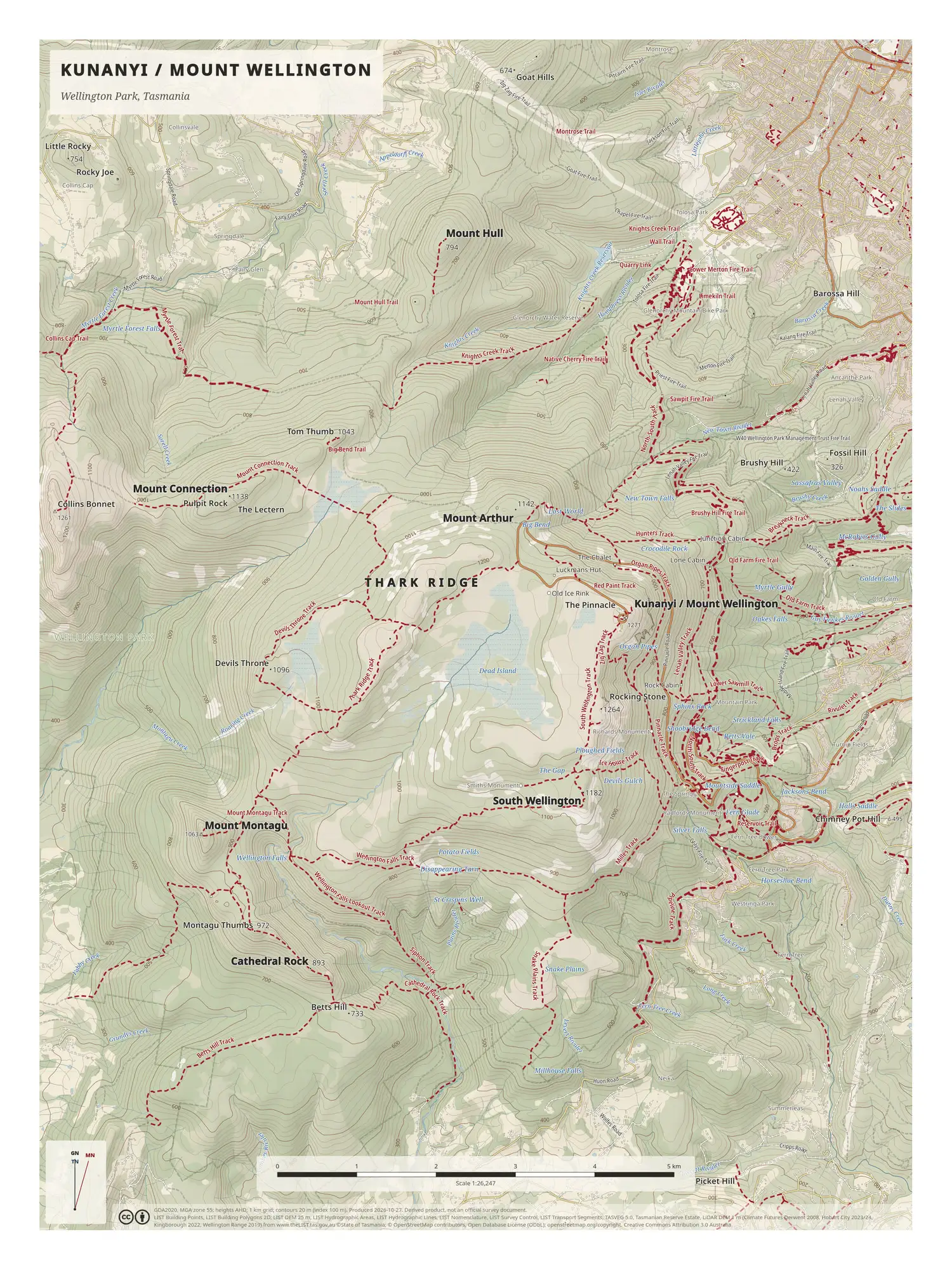Portrait topographic map of kunanyi / Mount Wellington, with dashed crimson tracks across Thark Ridge and the mountain, and Hobart suburbs at top right.