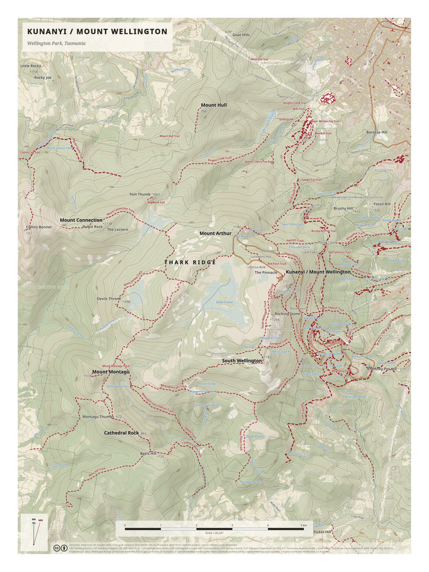 Portrait topographic map of kunanyi / Mount Wellington, with dashed crimson tracks across Thark Ridge and the mountain, and Hobart suburbs at top right.