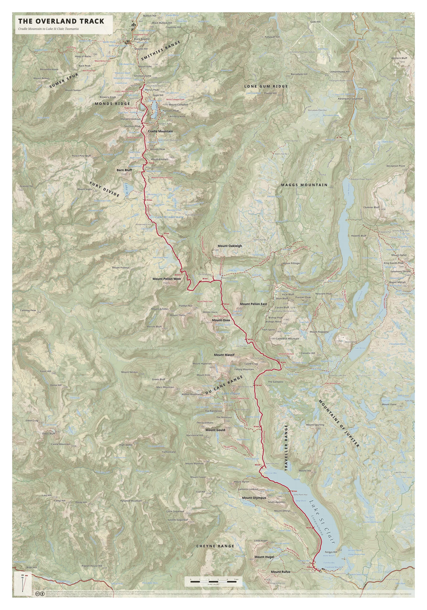 Tall portrait topographic map of the Overland Track, with a crimson route line running south from Cradle Mountain at top to Lake St Clair at bottom right.