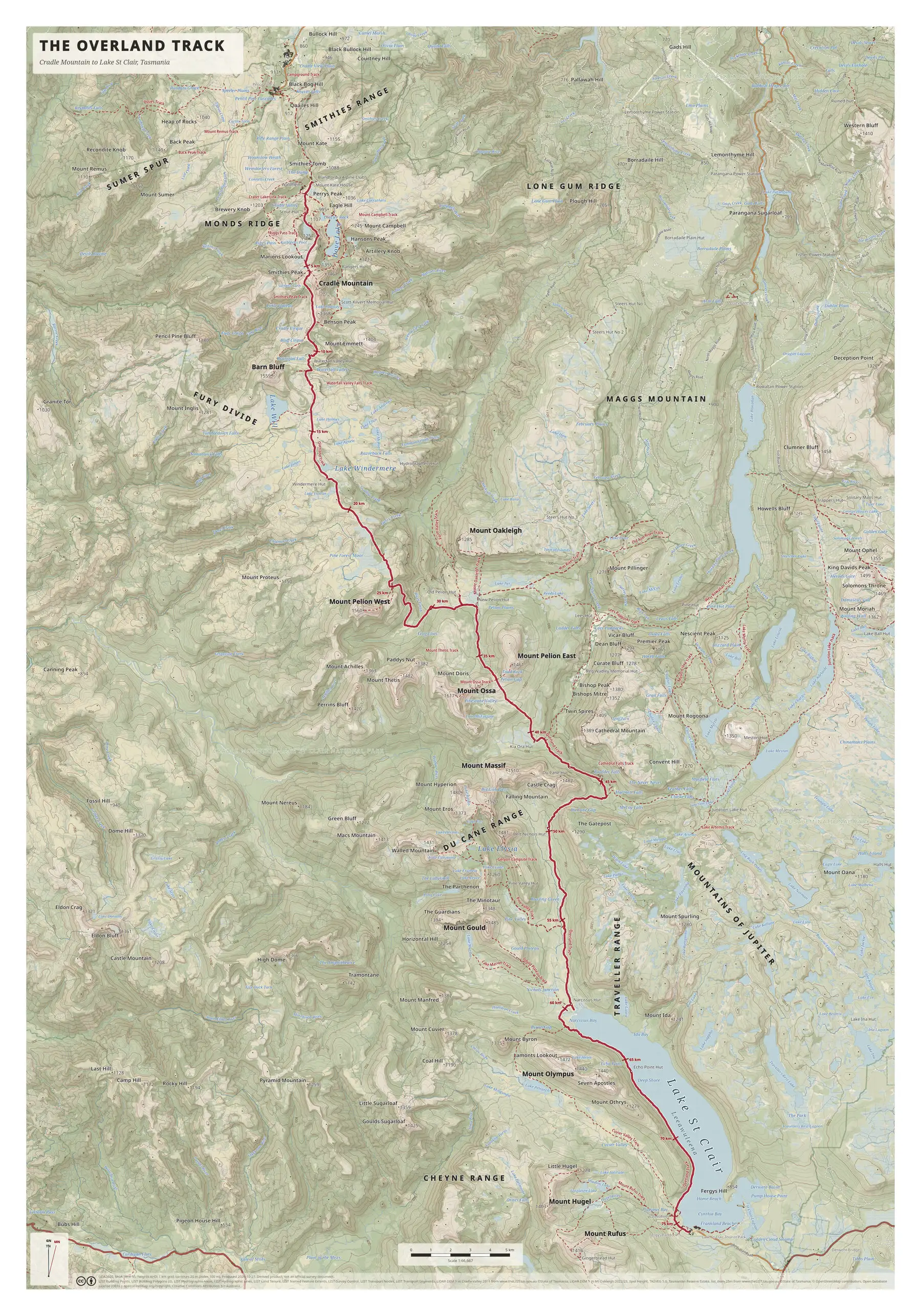 Tall portrait topographic map of the Overland Track, with a crimson route line running south from Cradle Mountain at top to Lake St Clair at bottom right.